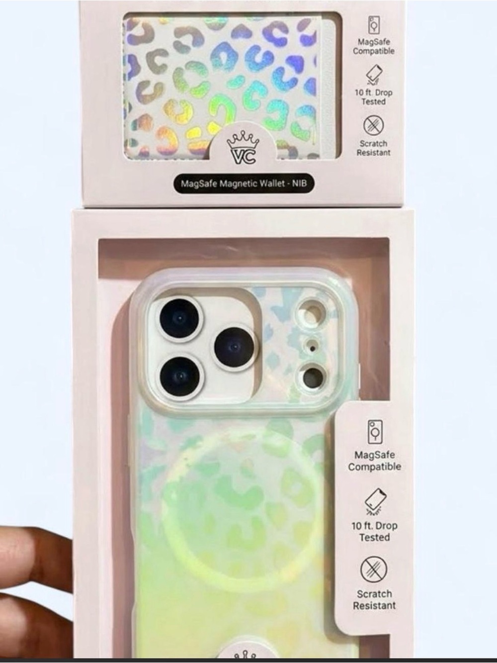 Velvet Caviar Holographic Leopard MagSafe Case in Iridescent Pastel